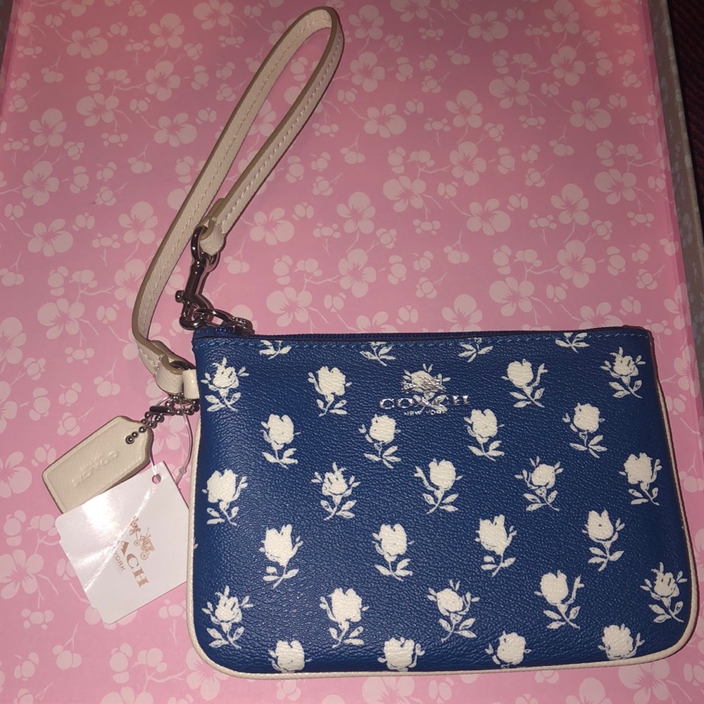 Coach dark blue rose print wristlet